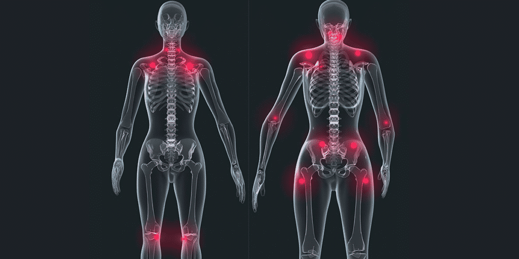 ilustração de corpo com pontos de dor por fibromialgia